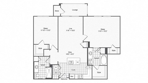 Floor plan for 2 beds, 2 baths, 1157 sqft